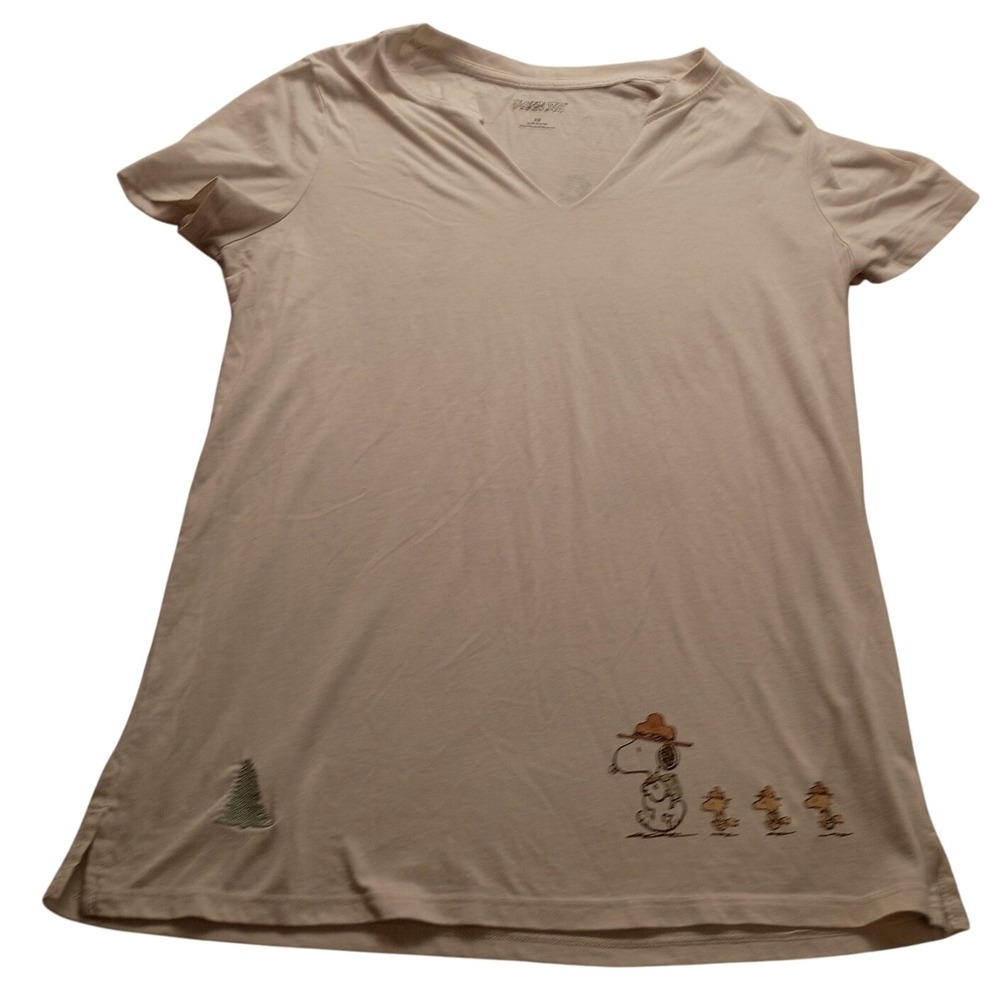 Peanuts T-Shirt Women's Snoopy Woodstock Scout Graphic V-Neck XS Cream White Tee